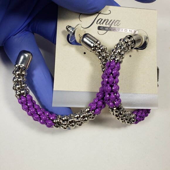 Purple & Silver Braided Beaded Hoop Earrings –Bold Statement Fashion Jewelry - Picture 8 of 9